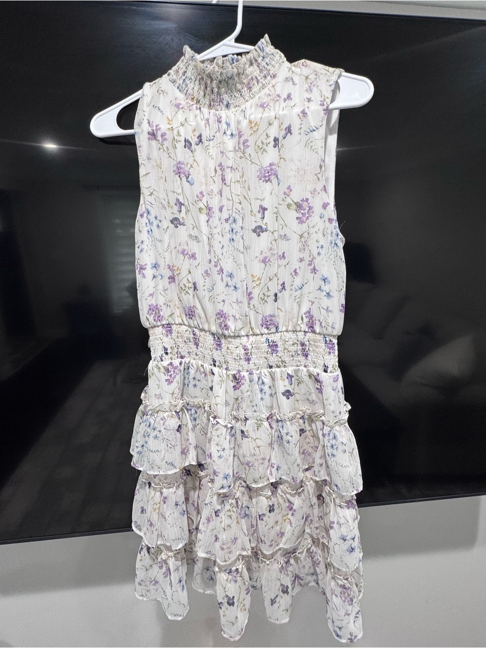 Express Cream Floral Smocked Tiered Mini Dress with Lavender Print